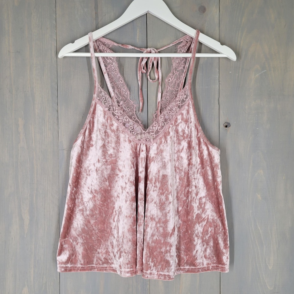 ILLA ILLA Velvet Camisole Women Medium Pink Lace Trim Racerback Tie Neck Top